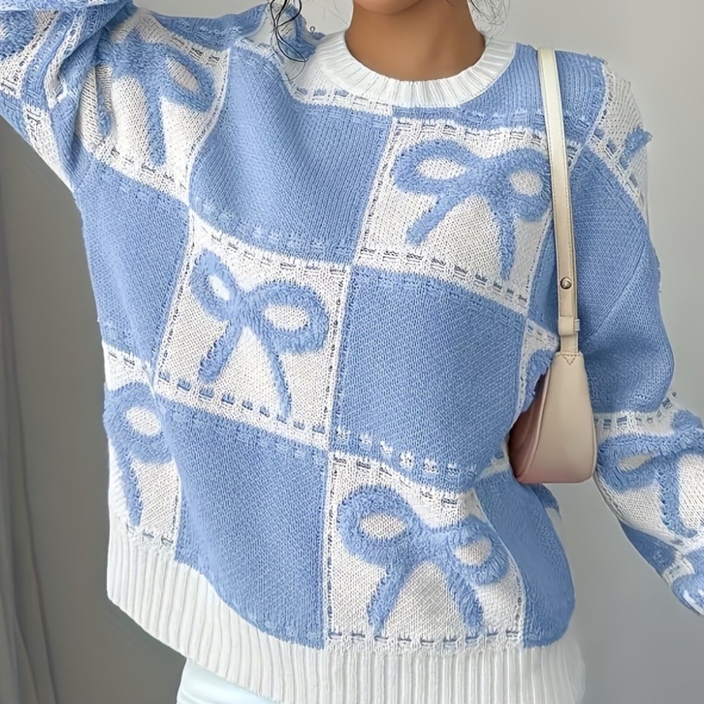 Women’s Blue & White Bow Pattern Sweater